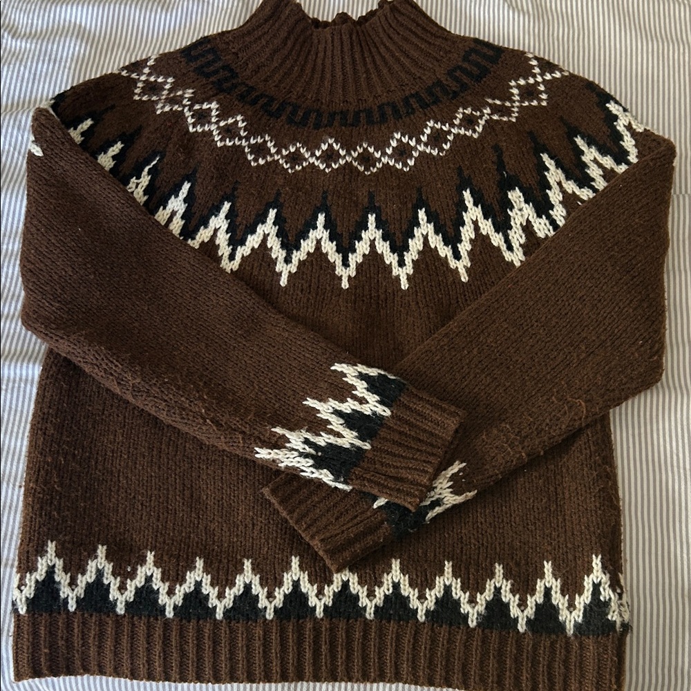 Brown Turtleneck Sweater with Black and White Pattern